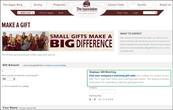Texas Aggies Matching Gift Link Donation Form