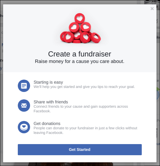 4 Awesome Tips For Asking For Donations On Facebook Qgiv Blog - step 2 when the create a fundraiser window pops up click get started