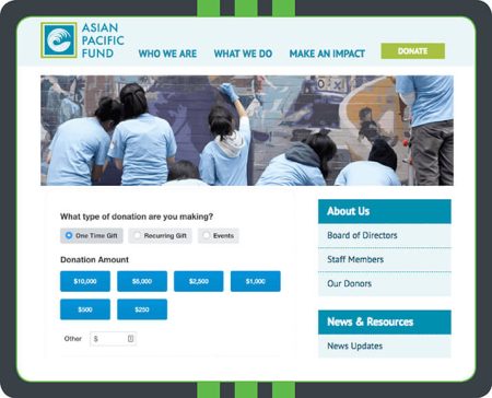 The Asian Pacific Fund uses a beautiful hero image to make their donation page visually interesting. Plus, the colors are quite complimentary. Qgiv's software has allowed this organization to easily brand the form so that it looks great!