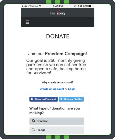 Qgiv's online fundraising software offers mobile optimization. Her Song's donation page has a responsive mobile design that allows donors to give from anywhere, as long as they have their phones.