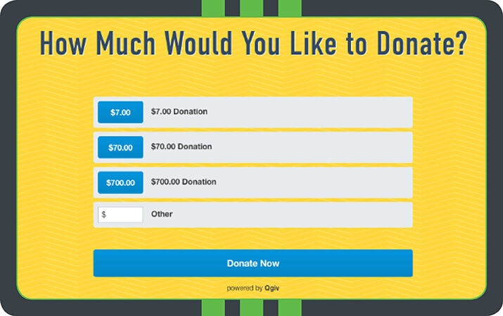 This Dream Center widget, powered by Qgiv, breaks out giving levels on the donation page, making the giving process easy for donors.