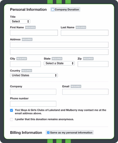 This simple donation page from the Boys and Girls Club of Lakeland and Mulberry allows donors to easily complete the giving process. Powered by Qgiv's software, this simple donation page is highly effective.