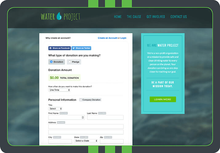 This custom donation page is embedded and branded to the Water Project. This page is powered by Qgiv's online fundraising software, which allows nonprofits to create effective, attention-grabbing donation forms like this one!