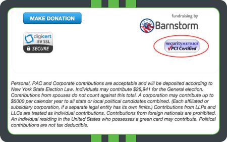 The Friends of Rob Astorino includes a PCI Certified logo and a DigiCert EV SSL Secure logo on the donation page.