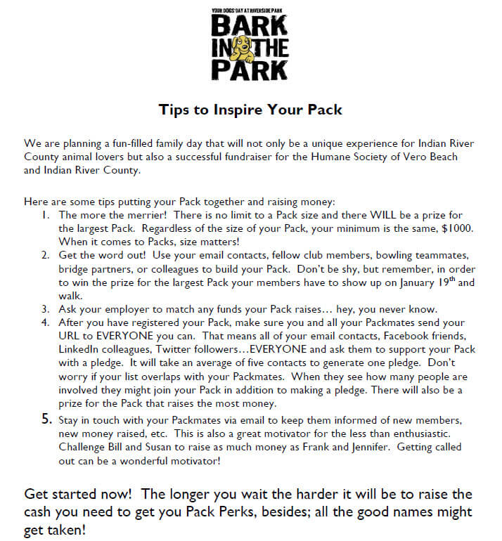 The Humane Society of Vero Beach's Bark In The Park tip sheet was created to share fundraising tips to peer-to-peer participant fundraisers.