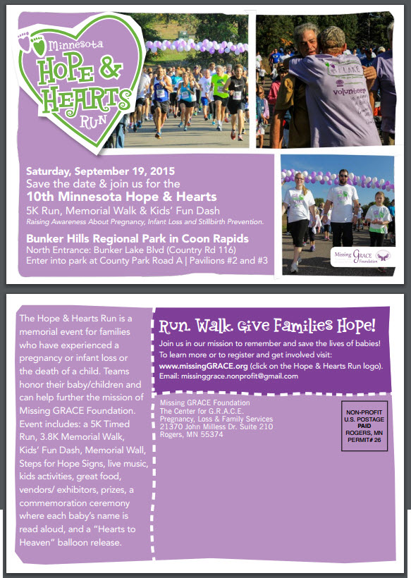The Hope & Hearts Run postcard features pictures of event participants and a description of the event.