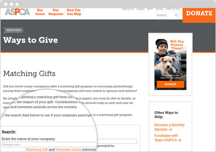 ASPCA features Double the Donation's matching gift search tool.