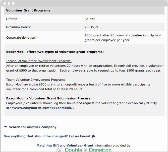 ExxonMobil offers individual and team volunteer matching gift programs for employees.