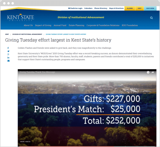 Kent State University's president matched gifts at $25,000 for their most successful Giving Tuesday.