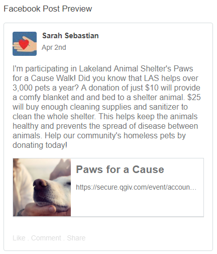 screenshot of a sample Facebook post from a peer-to-peer participant in the Paws for a Cause fundraiser