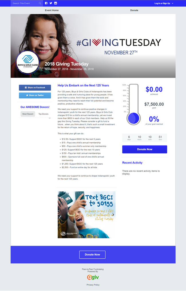 Image of Boys and Girls Club's campaign page with impact information, good imagery, and text giving information.
