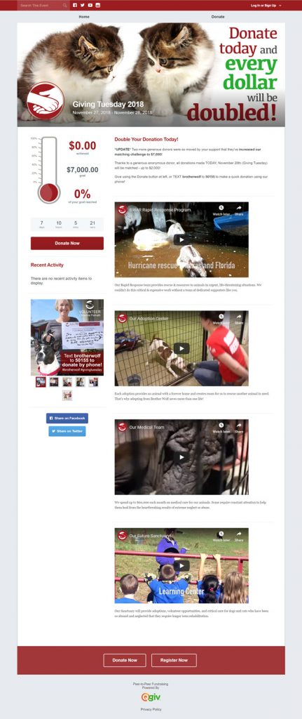 Screenshot of the Brother Wolf Animal Rescue's Giving Tuesday 2018 fundraising event page designed in Qgiv