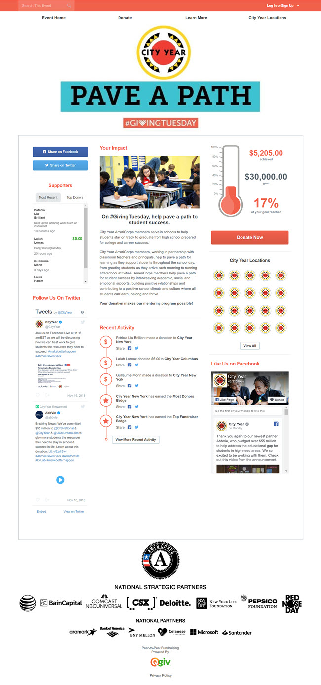 City Year's campaign page that has a clean design, impact information, and messages from donors.