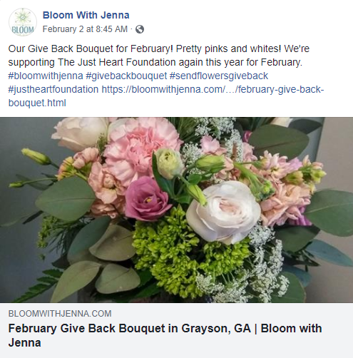 Facebook Post of Give Back Bouquet benefiting Just Heart Foundation.
