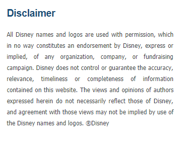 Screenshot of the Nemours 2019 Disney Princess Half Marathon Disclaimer about Disney logos/names and permissions