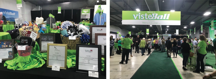 Photos of the auction items table and Viste Ball game setup for Viste's 2019 VisteBall. 