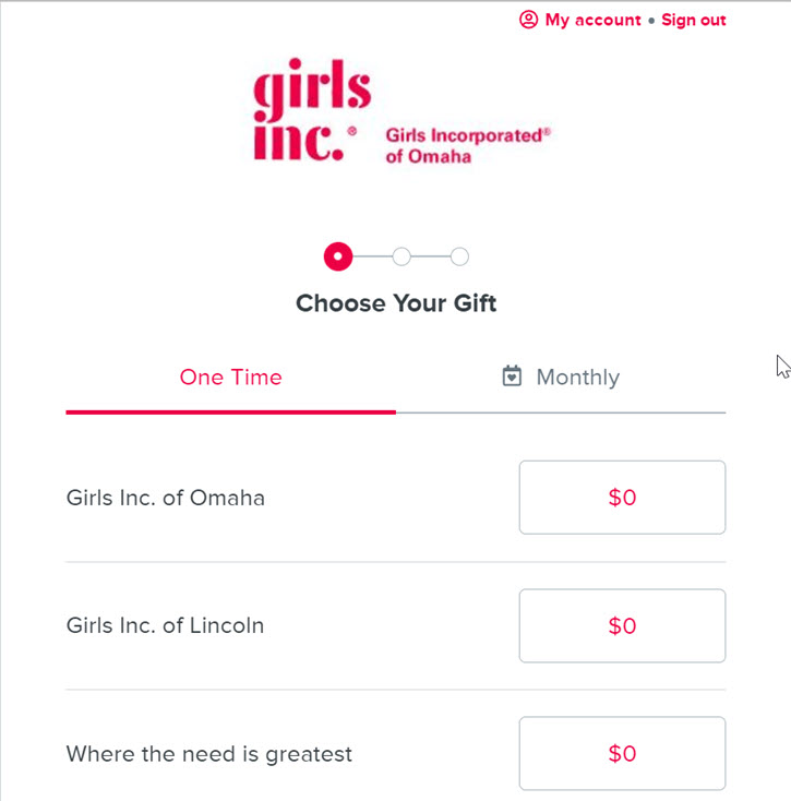 Screenshot from a Girls Inc of Omaha online donation form.
