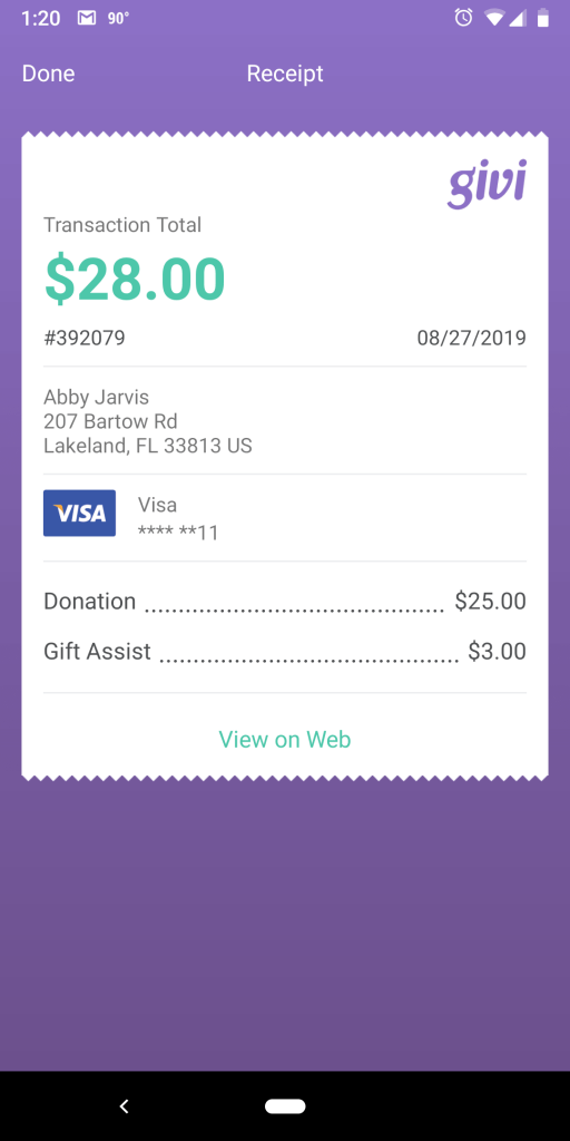 receipt on Givi app