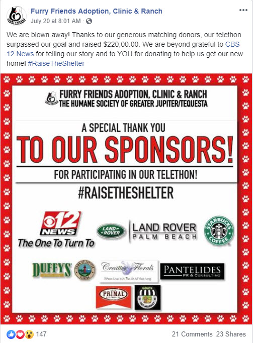 Screenshot of Furry Friends Adoption, Clinic & Research's Facebook post of a graphic thanking telethon sponsors