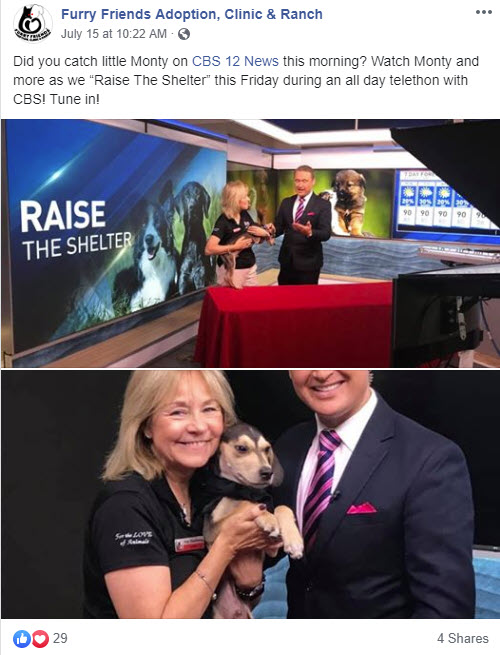 Screenshot of Furry Friends Adoption, Clinic & Research's Facebook post about their coverage on local news station CBS 12 with photos of the anchor and staff with a puppu