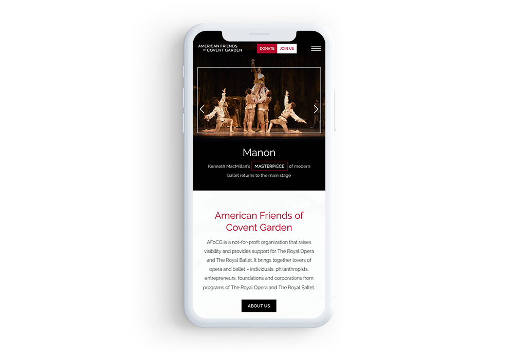 Smartphone screen showing American Friends of Covent Garden's mobile-friendly, responsive website