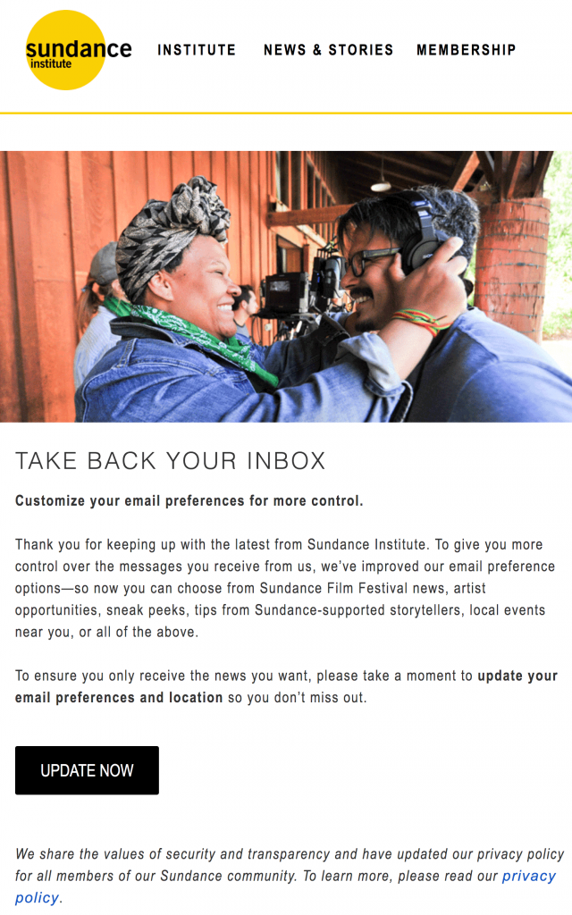 To improve donor retention, consider providing user preferences like this Sundance Institute email does.