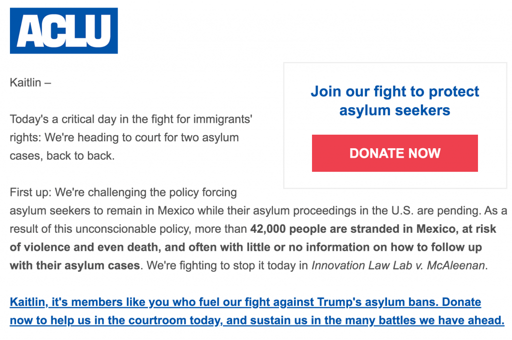 Email from ACLU that emphasizes the need for further donations