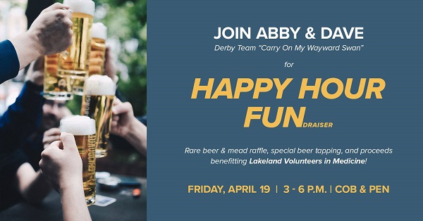 A banner promoting a "Happy Hour FUNdraiser" sub-event benefiting a peer-to-peer team