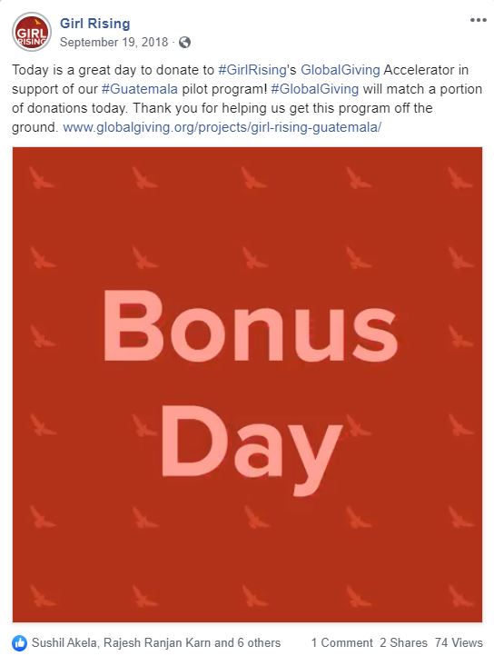 Girl Rising screenshot of Facebook post about a bonus day for their Global Giving Accelerator