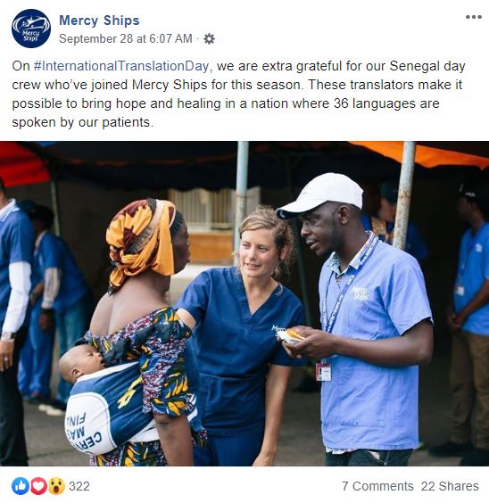 Mercy Ships Facebook post screenshot for International Translation Day