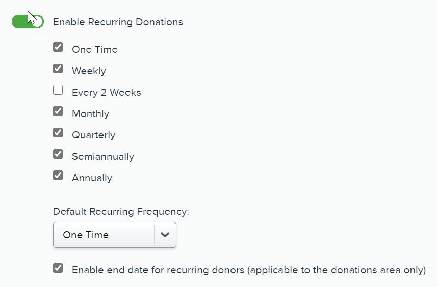 Screenshot showing where Qgiv users can turn recurring donation prompts on