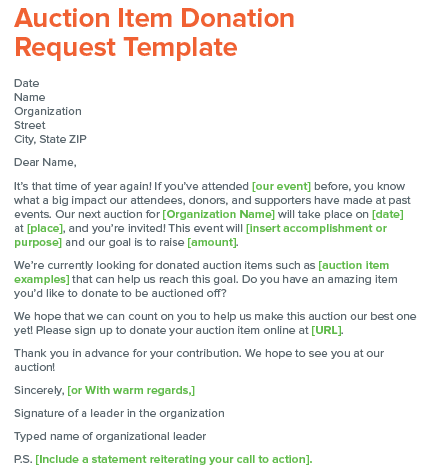 Check out this fundraising letter template of an auction item donation request letter.
