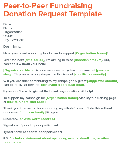 Check out our peer-to-peer fundraising donation request letter template.