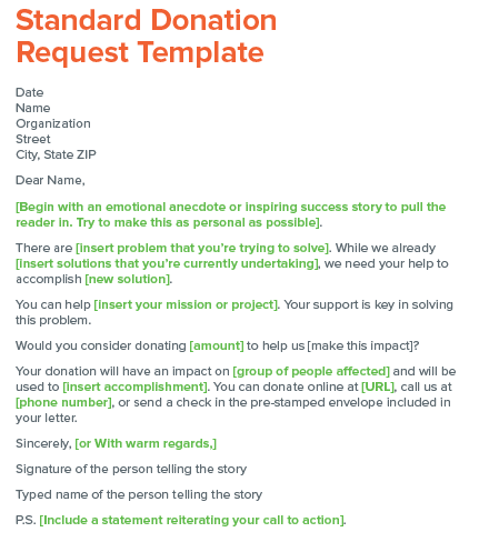 Check out this standard donation request letter template that you can adapt to your specific organization.