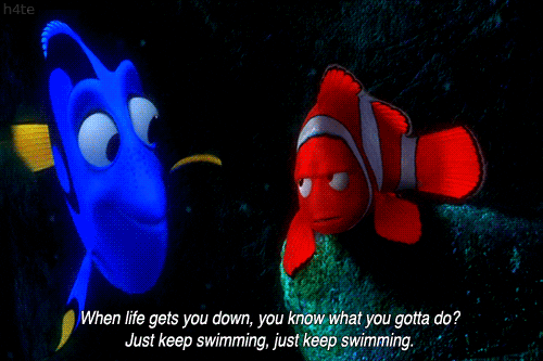 Gif of Dory singing "Just keep swimming" to Merlin in Finding Nemo