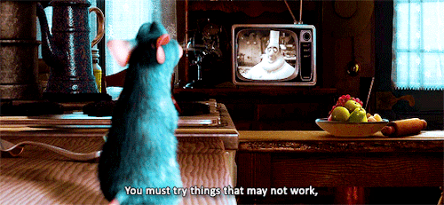 A gif of Remy from Ratatouille watching Chef Gusteau tell him he must try new things that may not work