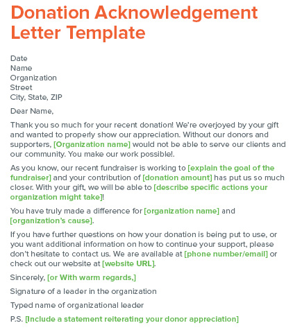 Check out this fundraising letter template for a donation acknowledgement letter template.
