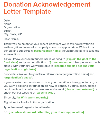 Check out this fundraising letter template for a donation acknowledgement letter template.