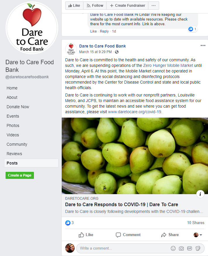 Dare to Care Food Bank shares its Covid-19 response on Facebook. They also created a social donation campaign page to fight food insecurity during the outbreak.