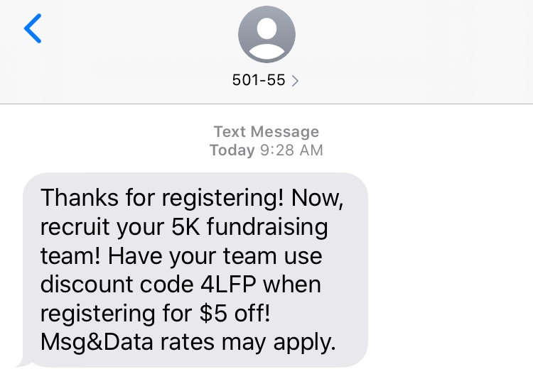 Text message encouraging fundraising participant to recruit team members with a special discount code.