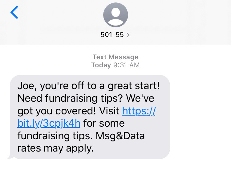 Outbound Text linking to fundraising tips for peer-to-peer event participant.