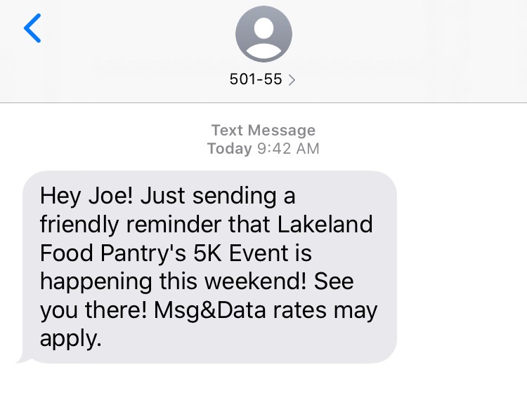 A text message reminding a participant the event is taking place that weekend.