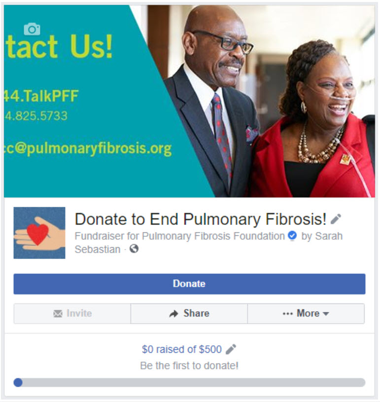 Screen Shot Showing an Example of a Personal Facebook Fundraising Campaign.