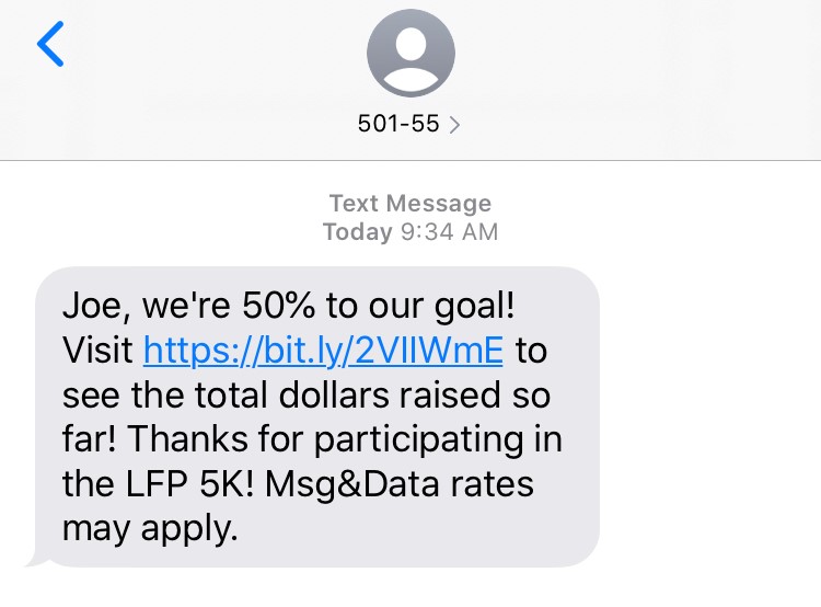 Fundraising update text expressing that the nonprofit reached 50% of its overall fundraising goal.