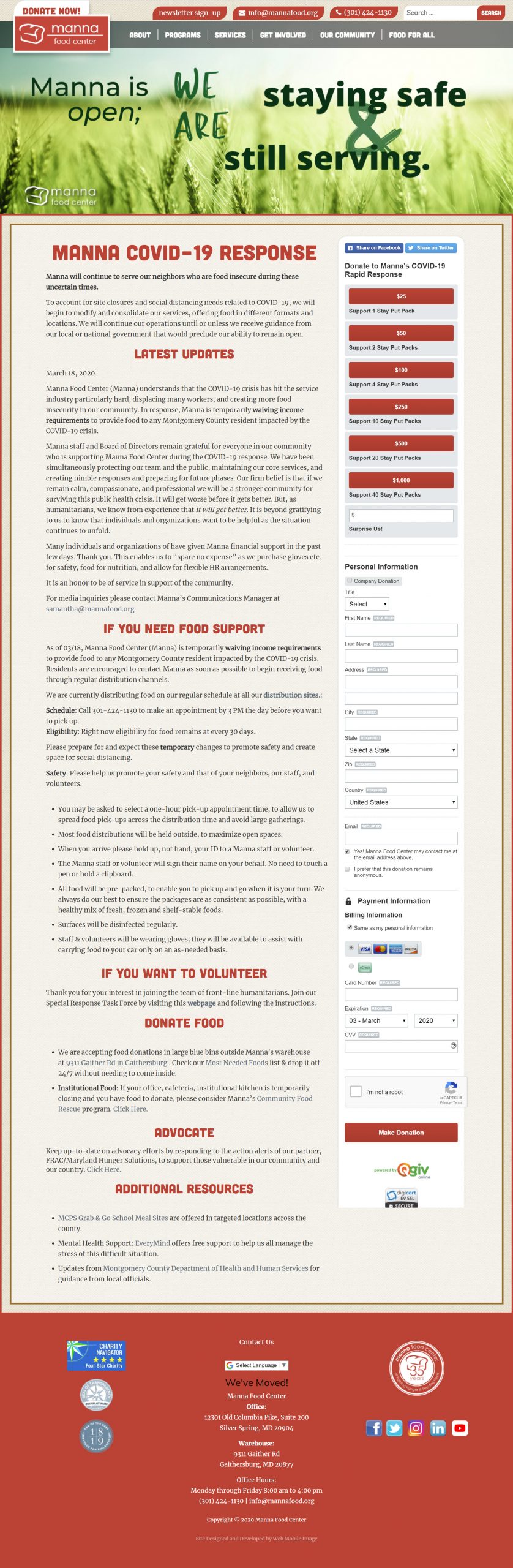Manna Food Center embedded a Qgiv donation form on their covid-19 response page and explained that the threat of food insecurity is real and they need donors to stay stocked to support the community.