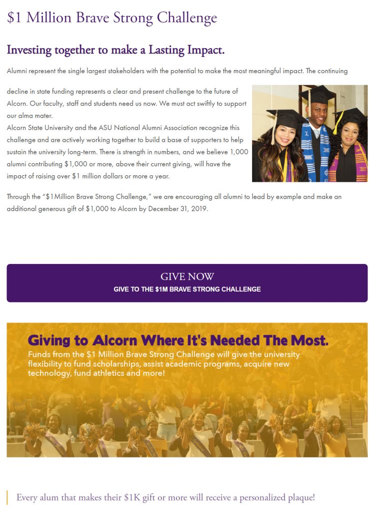 Details of Alcorn State University's $1 Million Brave Strong Challenge.