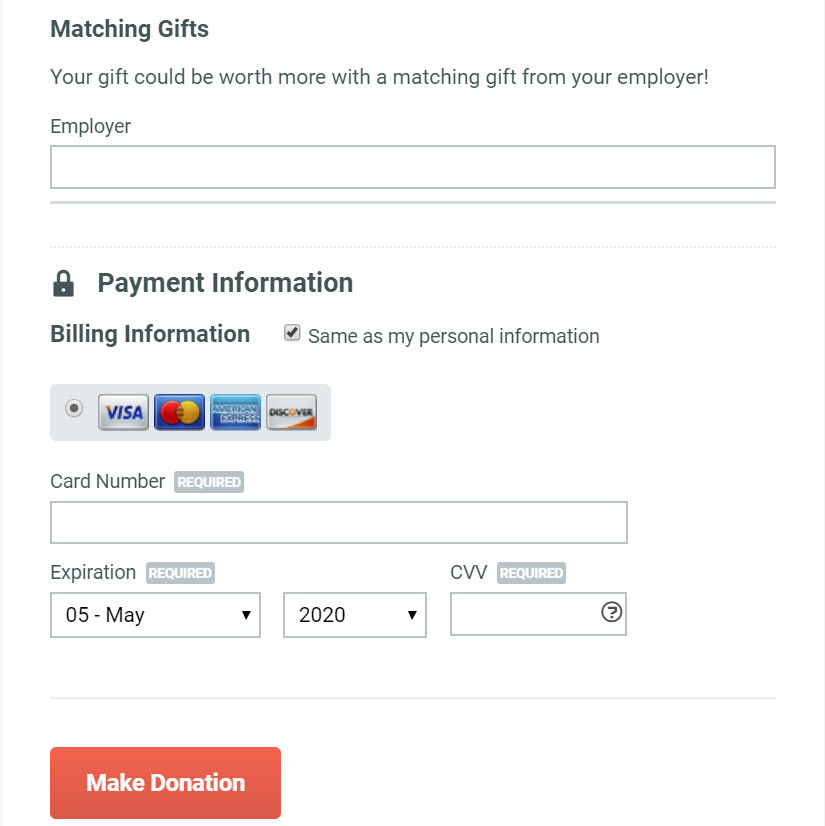 A Matching Gift Employer Search Bar on an online donation form.