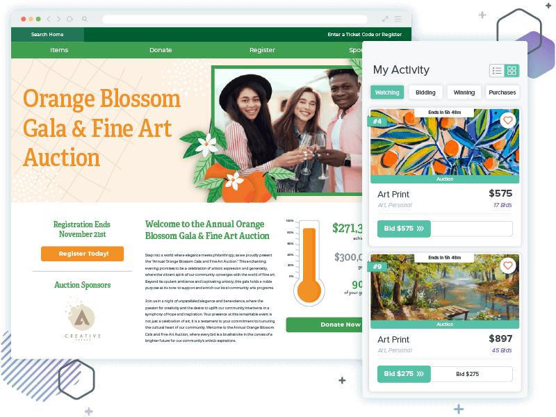 screenshot of the Orange Blossom Gala and Fine Art Auction silent auction page created with Qgiv's silent auction software