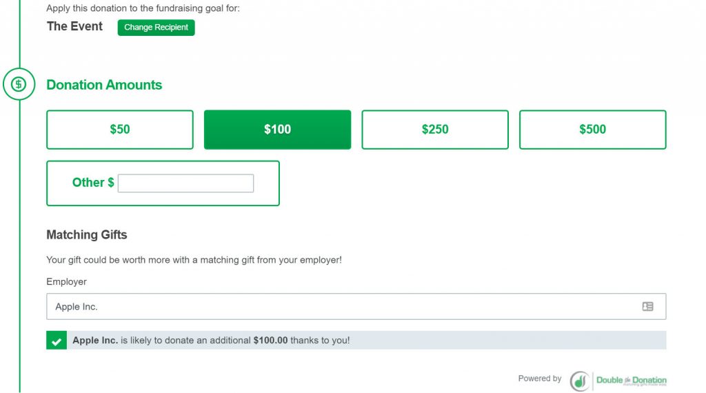 screenshot of donation amount options on donation form