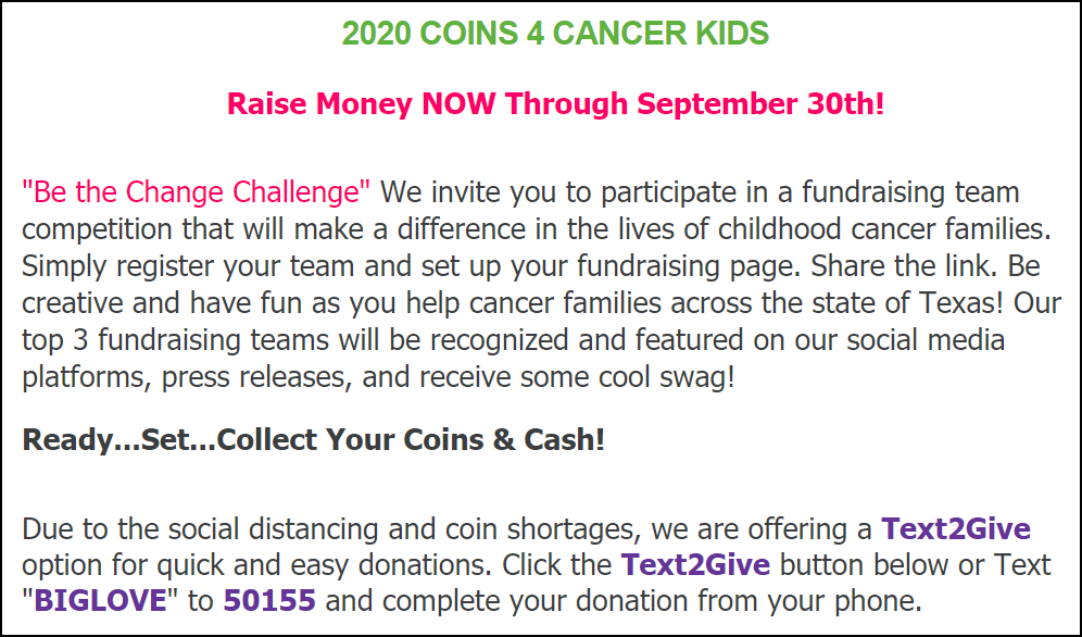 B.I.G. Love Cancer Care turned a national coin shortage problem into an awesome peer-to-peer fundraising event relying on teams of fundraisers.